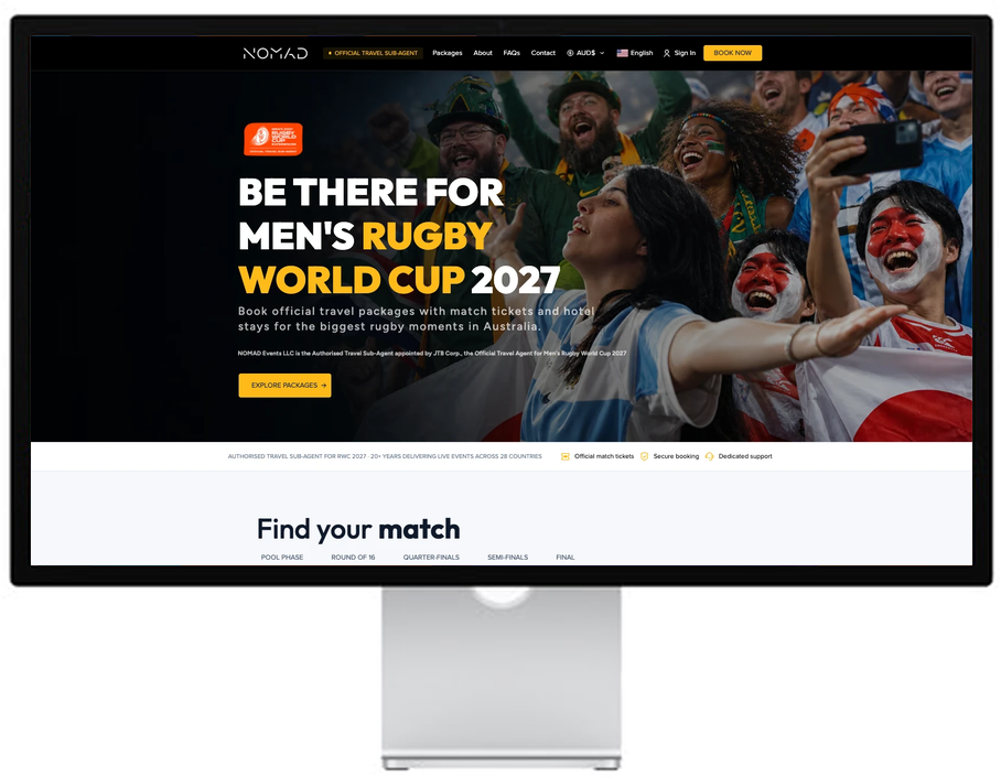 Apple Studio Display showing the NOMAD Universe Rugby World Cup 2027 booking site
